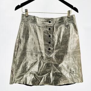 Zara Woman Genuine Leather Metallic Silver Y2K Button Front Mini Skirt